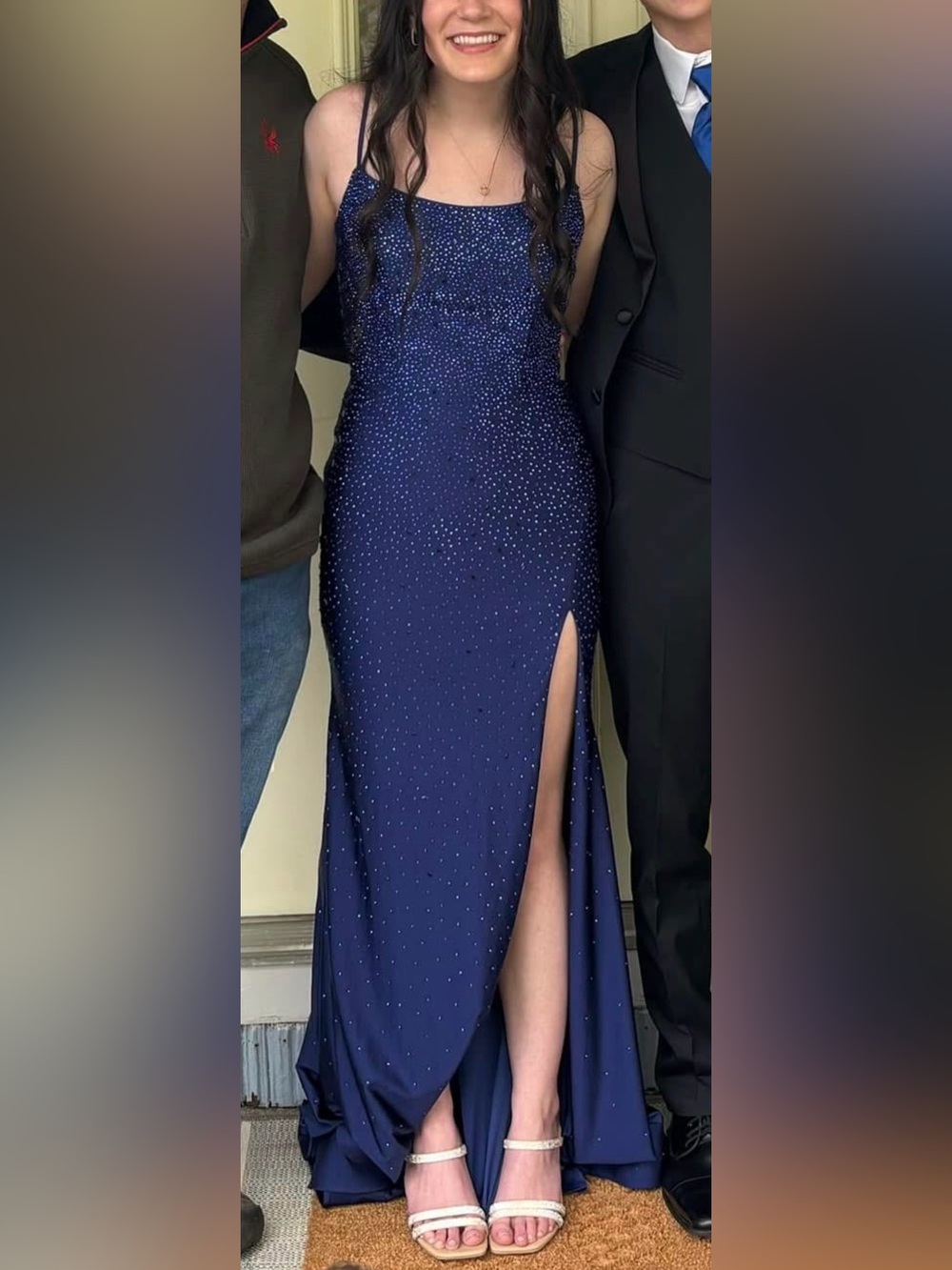 Navy Beaded Prom Gown with Thigh Slit